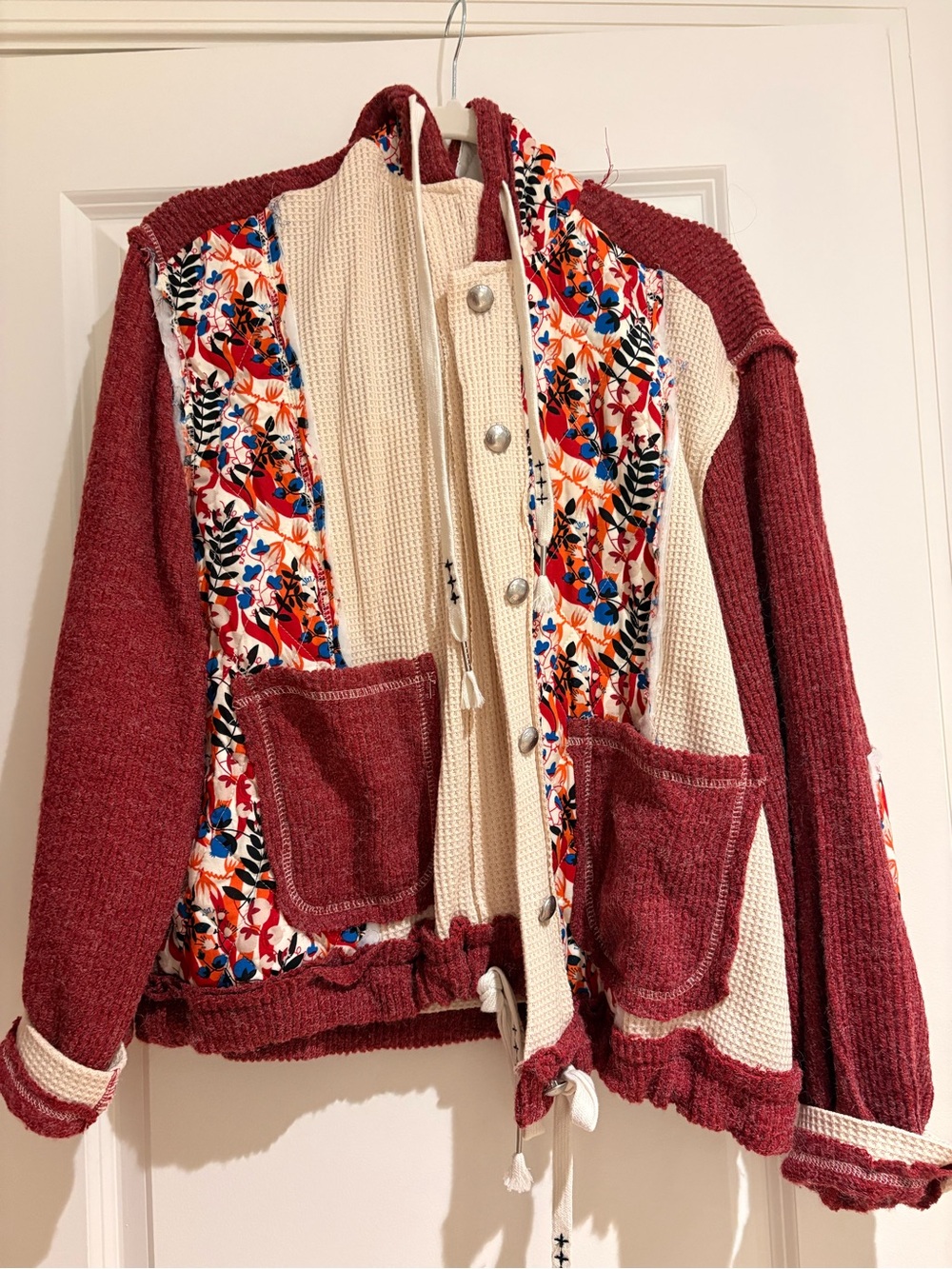 NWOT POL Floral Accent Hooded Jacket - Cream & Burgundy